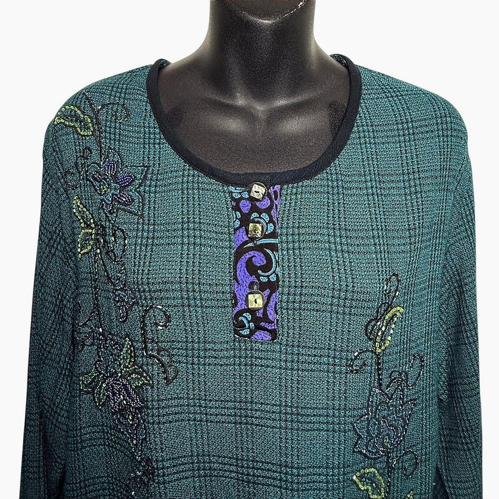Faith by Celia Forrester Womens Embroidered Beaded Plaid Long Sleeve Tunic XL - Picture 9 of 11